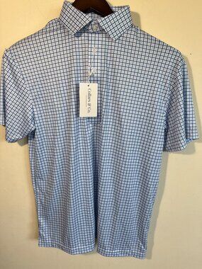 Mens Medium Collars & Co Blue Tattersall Dress Collar Polo Shirt